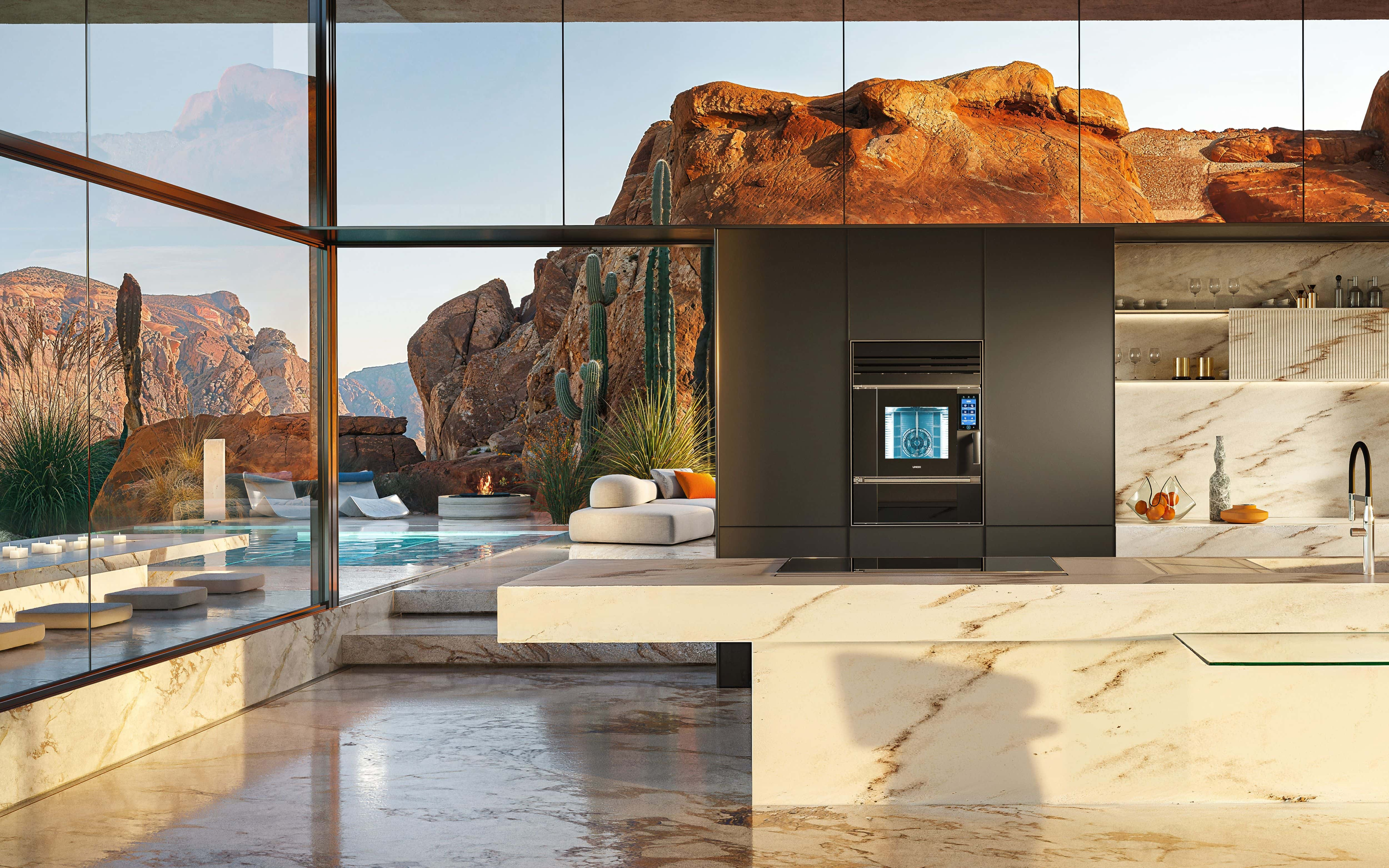 Luxury kitchen in the desert with Unox Casa Model 1S Black Edition self-washing oven